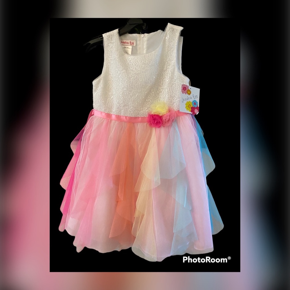 New size 8 girls Jessica Ann dress white & tulle rainbow colors pink yellow blue